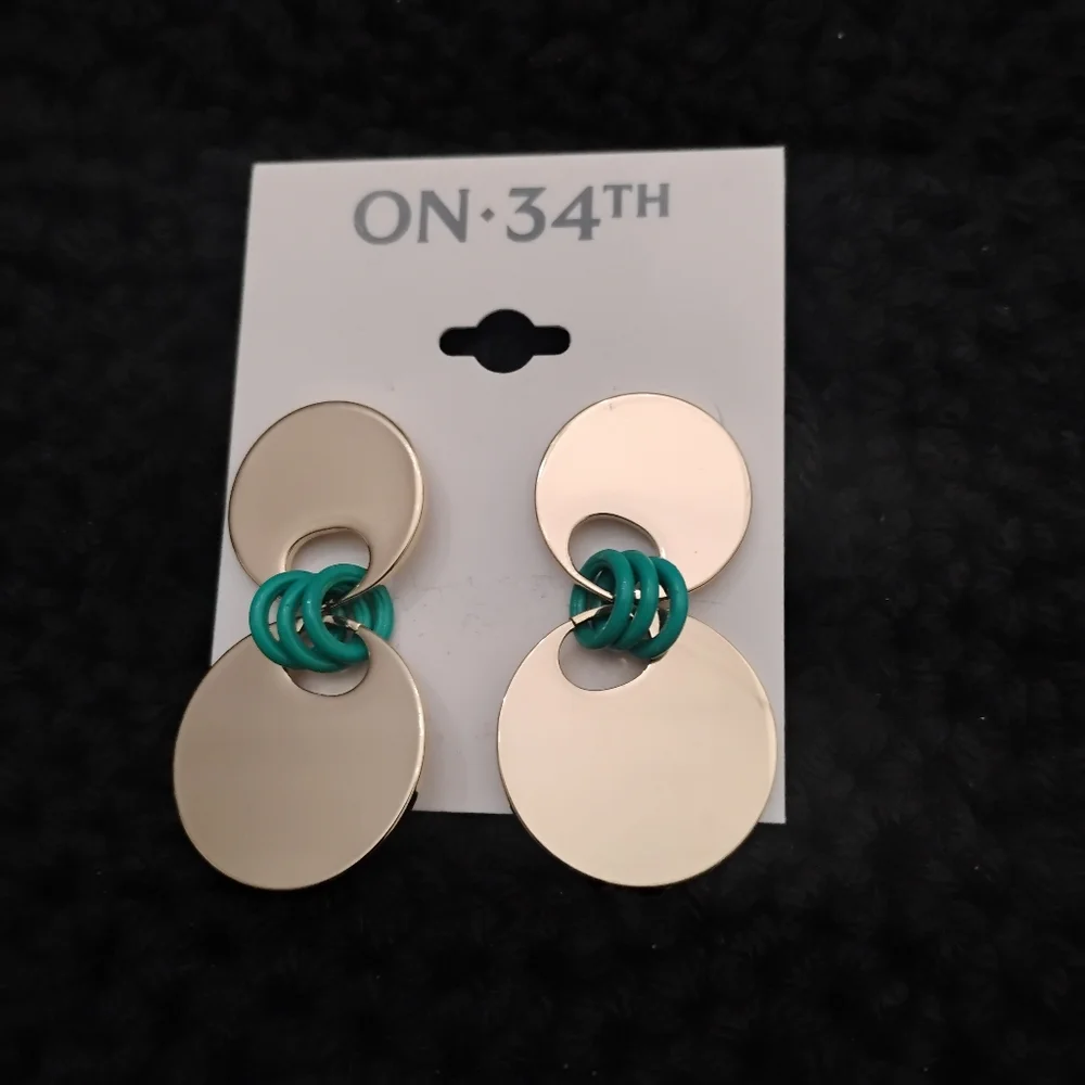 ON 34th Gold-Tone Disc & Blue-Green Color Ring Drop Earrings NWT